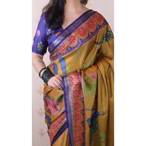 <b>Gold</b> Tussar Silk Pichwai Saree Traditional Printed Zari Woven <b>Scarf</b> & Shawl 450g Elite Weaves - Product Image 5