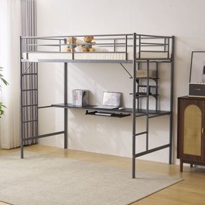 Letto a soppalco singolo in metallo con scrivania e mensole portaoggetti, 2 sponde di sicurezza a tutta lunghezza e scalette per adolescenti - Product Image 1