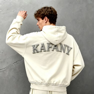 เสื้อฮู้ดดี้ผู้ชายทรงปกติ ดีไซน์กระเป๋าผ้าฟลีซ คุณภาพสูง ผลิตตามสั่ง ผ้าฝ้าย 100% ปักลายแบบแพทช์เวิร์ค ล้างสีให้ดูวินเทจ - Product Image 1