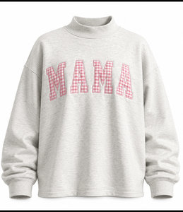 Sweat-shirt oversize pour femme, gris rose à carreaux, imprimé « Mama », en mélange de coton, style pull décontracté, col montant - Product Image 1
