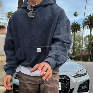 Sweat à capuche en polaire éponge recadrée sans ficelles de luxe personnalisé poids lourd 400gsm lavage à l'acide en détresse broderie de sweat à capuche pour hommes - Product Image 2