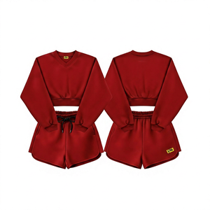 Conjunto de 2 piezas de punto para mujer, top corto y pantalones cortos, cuello en V, manga larga, color liso, informal, para todas las estaciones - Product Image 5