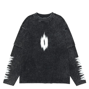 <b>Men's</b> Oversized Long Sleeve T-Shirt <b>Black</b> <b>Tie</b>-Dye Print O-Neck Street Style Knitted Fit Shirt <b>Men's</b> T-Shirts Double Sleeve - Product Image 1