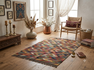 Tapis Kilim Rectangulaire Artisanal Écologique en Laine et Acrylique, Tufté à la Main, Motif Géométrique, à Poils Moyens, avec Dos en Latex, pour Salon et Maison - Product Image 1