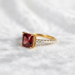 Cushion Cut Red Garnet <b>Ring</b> 925 Sterling <b>Silver</b> 14K Gold Plated <b>Solitaire</b> Dainty Pave Engagement Promise <b>Ring</b> - Product Image 2