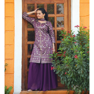 Taffeta Silk Mirror <b>Top</b> Georgette Palazzo <b>Sequined</b> Scarf Elastic Waist Stitched Women Three Piece Festive Salwar Suit Set - Product Image 3
