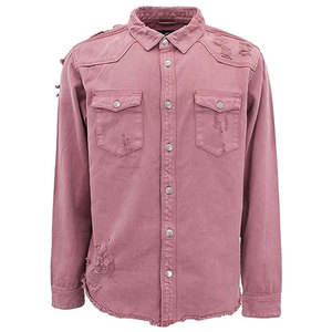 <b>Men's</b> Pink Denim Shirt <b>Jacket</b> with Frayed Edges Stand Collar Solid Windproof Casual Style Washed Cotton <b>Long</b> Sleeve Winter Wear - Product Image 4