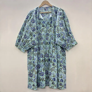 Vestido Casual Midi para Mujer, Tejido 100% Algodón, Liso, Estilo Babydoll, Cuello en V, Cintura Imperio, Manga Corta, Holgado - Product Image 1