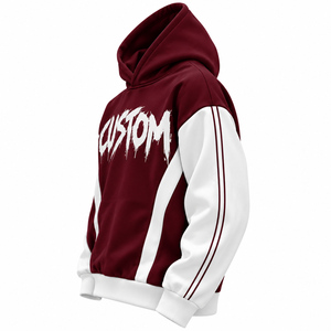 Sweat à capuche unisexe couleur bordeaux avec blocs de couleur, manches blanches à rayures, imprimé graffiti personnalisé, pull sportif 100 % coton molletonné respirant - Product Image 2