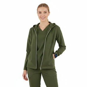 Blouse médicale à capuche pour femme, entièrement zippée, uniforme d'infirmière, manteau de réchauffement, tenue de travail pour hôpital et médecins, en tissu extensible - Product Image 4