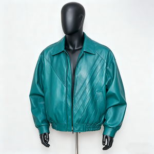 Men's Red PU Leather Bomber <b>Jacket</b> Turn-down Collar Zipper Closure Embossed <b>Star</b> Gear Pattern Casual Style Regular Length - Product Image 3