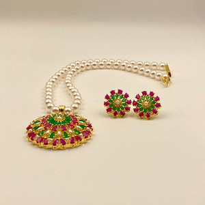 RAY FINE ORNATES Pendant <b>Necklace</b> Earrings 22K Gold Plated <b>Ruby</b> Emerald Jewelry IGI Certified Indian Bridal Wedding Set for - Product Image 2