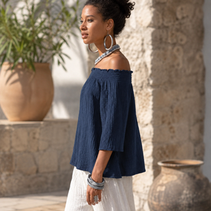 Blusa de Verano para Mujer, Estilo Boho, Elegante y Ligera, de Algodón, Talla Grande, Hombros Descubiertos, Corte Holgado, Manga Tres Cuartos, Ideal para la Playa - Product Image 2