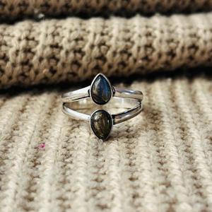 Boho <b>Labradorite</b> Brass <b>Ring</b> Silver plated Womens Double Band Gemstone Wholesale <b>Ring</b> - Product Image 1