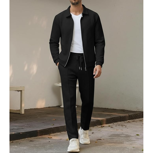 Men's Black <b>Knitted</b> Tracksuit <b>Set</b> Stand Collar Zipper Casual Autumn Wear Breathable Solid Color Polyester Sportswear - Product Image 5