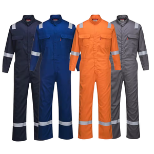 Combinaison de travail unisexe bleu foncé avec bordure orange, bretelles réglables, plusieurs poches, usage industriel, polyester, certifiée CE, personnalisable - Product Image 1
