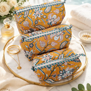 Yellow Floral Block Printed Durable Cotton Zipper Eco-Friendly Large Capacity <b>Makeup</b> <b>Case</b> Indian Pouches Travel Cosmetic - Product Image 1
