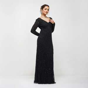 Elegant Black Sequined High-Waist Backless Lined A-Line Dress V-Neck Sleeveless <b>Floor</b>-<b>Length</b> Fitted Cocktail <b>Gown</b> Solid Front - Product Image 1
