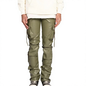 Pantalon cargo pour homme en PU vert olive, coupe droite, plusieurs poches, taille élastique, style vêtements de travail, à porter en automne - Product Image 6