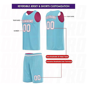 Uniforme de basket-ball en mesh personnalisé par sublimation, respirant, séchage rapide, rose, bleu et blanc, maillot et short de basket-ball réversibles - Product Image 2
