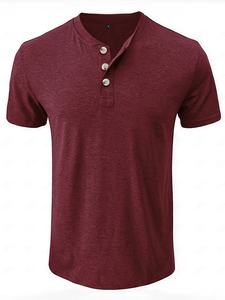 Men's Short Sleeve Henley T-Shirt Solid Color Knitted Cotton Casual Regular Fit Breathable V-neck Maroon Jersey Button-Up - Product Image 2