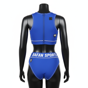 ชุดบิกินี่พรีเมียม 190 GSM ผ้าโพลีเอสเตอร์ผสมสแปนเด็กซ์ สีน้ำเงินรอยัล ผ้าเนื้อยืด ซิปด้านหน้า พร้อมแผ่นโลโก้พิมพ์ลาย สำหรับผู้หญิง - Product Image 3