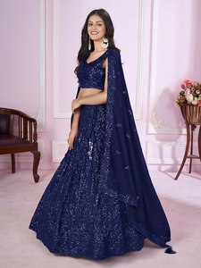 Conjunto de Lehenga Choli Azul Marino con Lentejuelas Bordadas, Traje de Fiesta de Boda Largo hasta el Suelo para Mujer - Product Image 3
