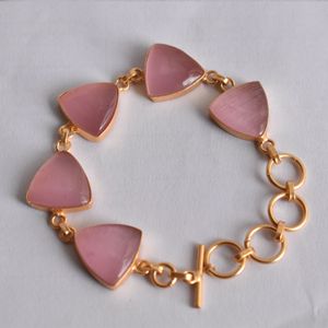 Bracelet en laiton plaqué or géométrique avec pierres de quartz rose, chaîne à maillons pour femmes, style classique, bijoux - Product Image 1