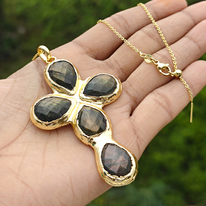 Wholesale Gemstone Labradorite 18k Gold Plated Brass Pear Cut Teardrop Shape Minimalist Statement Trendy Pendant Gift For Party - Product Image 6
