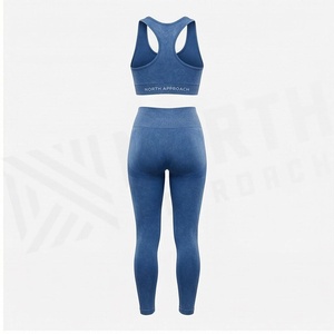 North Approach 2 Piece Yoga Set Racerback <b>Crop</b> <b>Top</b> Full Length Leggings Solid <b>Blue</b> Breathable Seamless Women's Sportswear - Product Image 2