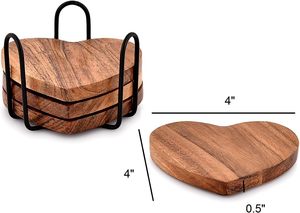 Acacia Wood Heart Shape Coaster Set of 4 with Iron Holder for Coffee <b>Table</b> Decor Housewarming Gift New Home Kitchen Decor - Product Image 2