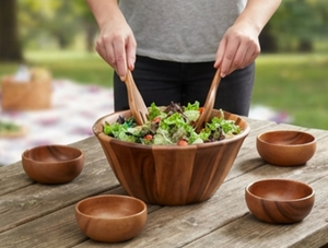 Ensemble de saladiers en bois de qualité supérieure avec cuillère et fourchette de service, design minimaliste, réutilisable, passe au lave-vaisselle, forme ronde, pour un usage quotidien - Product Image 3