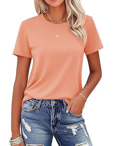 T-shirt à manches courtes col rond orange pour femme, couleur unie, jersey décontracté en coton, haut pour le printemps et l'été - Product Image 5