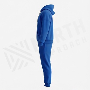 Unisex Blue Hooded <b>Tracksuit</b> With Front Photo Print Casual Full Length Sweatshirt And Pants Set For Adults Autumn Wear - Product Image 3