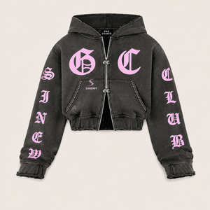 Women’s Washed Gothic Letter Print Cropped Hoodie & Wide Leg Sweatpants <b>Set</b> Custom Sinewy Sports Streetwear Tracksuit - Product Image 2