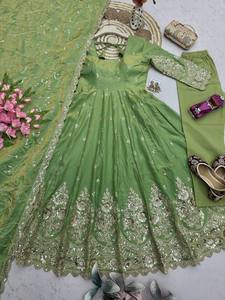 Green Embroidered Silk Anarkali Suit With Dupatta Floor-Length Traditional Indian Pakistani Women's Wedding Wear for Womens - Product Image 5