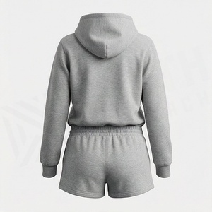 Conjunto de Sudadera con Capucha y Pantalones Cortos de 2 Piezas para Mujer, Color Gris Sólido, Felpa, Ropa Casual, Largo por Encima de la Rodilla, Corte Regular - Product Image 2