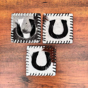 Newest Handmade <b>Horseshoe</b> Cowhide Coasters Set Genuine Leather Drink Coasters Rustic Table Decor Unique Western Hair-on Coasters - Product Image 2