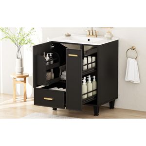 Mobile bagno in legno massello da 24 pollici con telaio in MDF, lavabo, ripiano portaoggetti, cassetto profondo e mobiletto a 2 livelli con cestello estraibile - Product Image 4