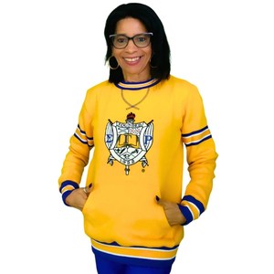 เสื้อสเวตเชิ้ต Sigma Gamma Rho Chenille Crest สำหรับผู้หญิง สีทองน้ำเงิน แขนเสื้อแบบแร็กแลน มีกระเป๋า คอกลม เสื้อพูลโอเวอร์สำหรับชมรมนักศึกษา - Product Image 1