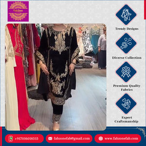 Ensemble moderne indien pakistanais en velours pur lourd et visqueux, broderie, manches longues, pantalon, haut, dupatta, pour les occasions spéciales, longueur genou - Product Image 6