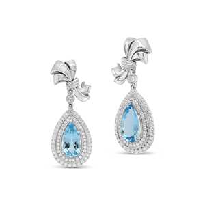 Boucles d'oreilles pendantes en or blanc 18 carats avec aigue-marine 3,83 carats à double halo et diamants de laboratoire 1,90 carat taille brillant rond D/E, VVS/VS - Product Image 1
