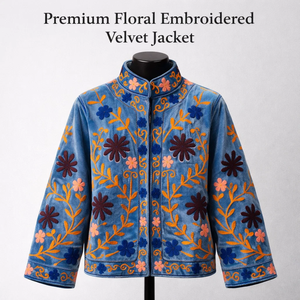 Chaqueta de terciopelo azul cobalto hecha a mano para mujer, con bordado floral elaborado, cuello alto, estilo boutique. - Product Image 2