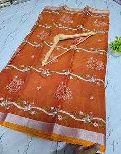 Sari en coton mélangé Kota Doria réversible et infroissable pour femme KV avec chemisier non cousu (Orange) - Product Image 3