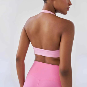 Wholesale Women's Pink Scoop Neck Seamless High Support Yoga Fitness Sports <b>Bra</b> Breathable Solid Color Front Logo High Quality - Product Image 4