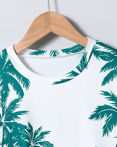 Boys Tropical Palm Print T-Shirt and Shorts Set Casual Summer Outfit Cotton Knitted Fabric White Green - Product Image 4