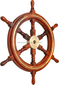 Décoration murale en laiton massif et bois de 18 pouces fabriquée à la main Roue de bateau à finition polie brillante avec design de sculpture Style nautique - Product Image 3