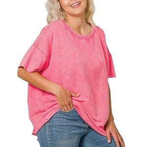 Camiseta con efecto acid wash para mujer al por mayor, camiseta de algodón transpirable de alta calidad con efecto acid wash para mujer, camiseta personalizada con efecto acid wash para mujer - Product Image 5