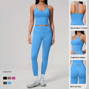 Conjunto de Yoga Azul de 2 Piezas, Cuello en V Profundo, Tirantes Ajustables Cruzados, Pantalones Cortos de Cintura Alta, Sin Costuras, de Spandex y Nailon, a Cuadros, para Entrenamiento y Gimnasio - Product Image 2