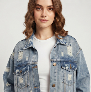 100% Cotton Winter Distressed Denim Jacket Women Oversized Jeans Coat Ladies Oversize Distress Jean Coat Oversize Denim Jackets - Product Image 3